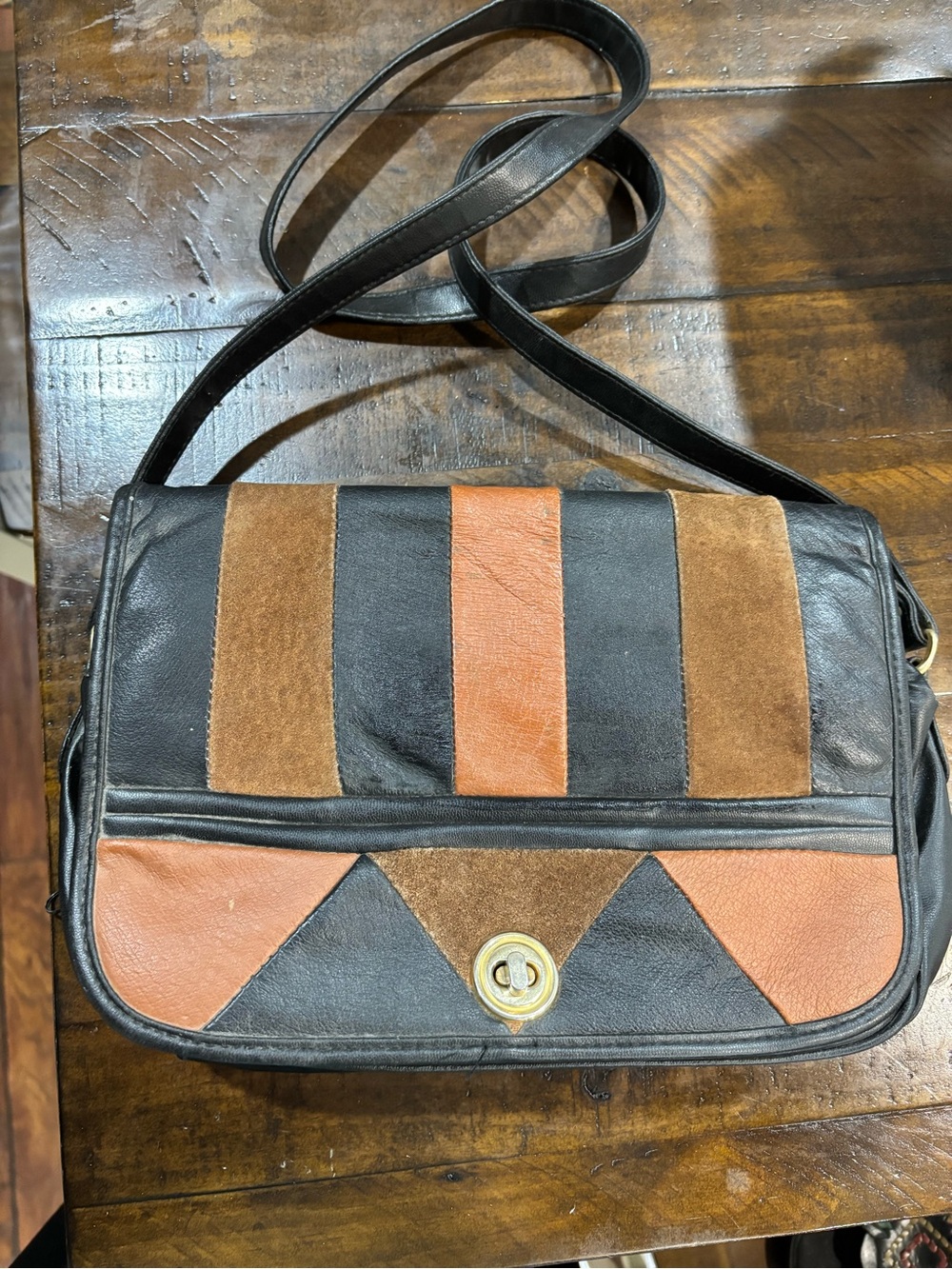 Vintage Mod 1960's Color block Leather Crossbody Bag in Black, Brown, Rust